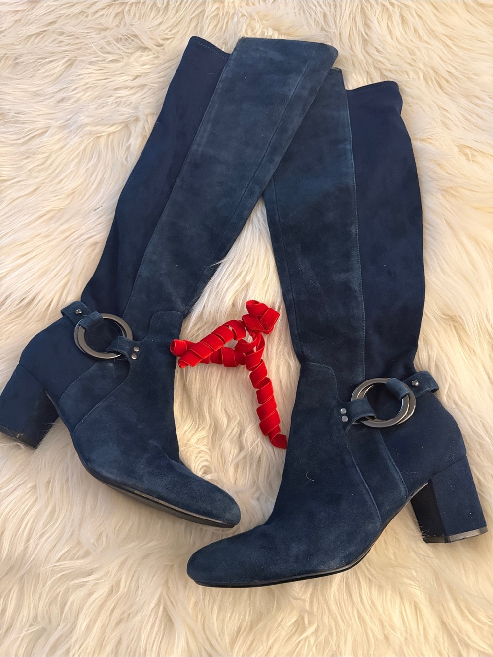 Karl Lagerfeld Navy Suede Over-the-Knee Boots with Ring Detail